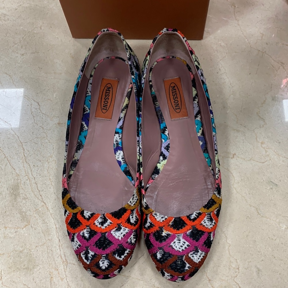 MISSONI FLATS IN CALF LEATHER W/FABRIC UPPER GORGEOUS COLORWAY/PRINT SIZE 38/8